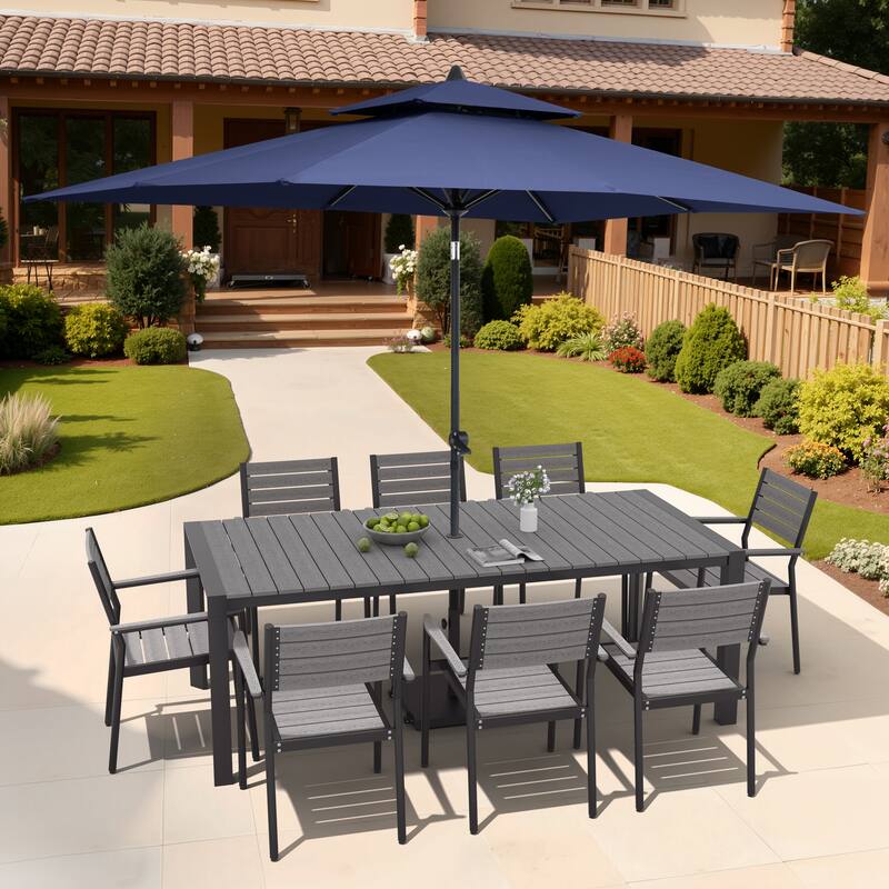 9/11-Piece Patio Dining Set Aluminum Dining Table and Chairs w/10 ft Market Umbrella and Base with Wheels - Set of 11 - Grey Table with Navy Blue Umbrella