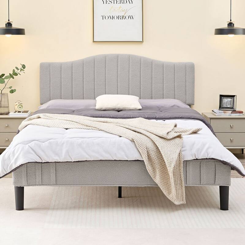 VECELO Upholstered Bed Frames, Platform Beds with Height Adjustable Teddy Fabric Headboard, 7.9'' Under Bed Space