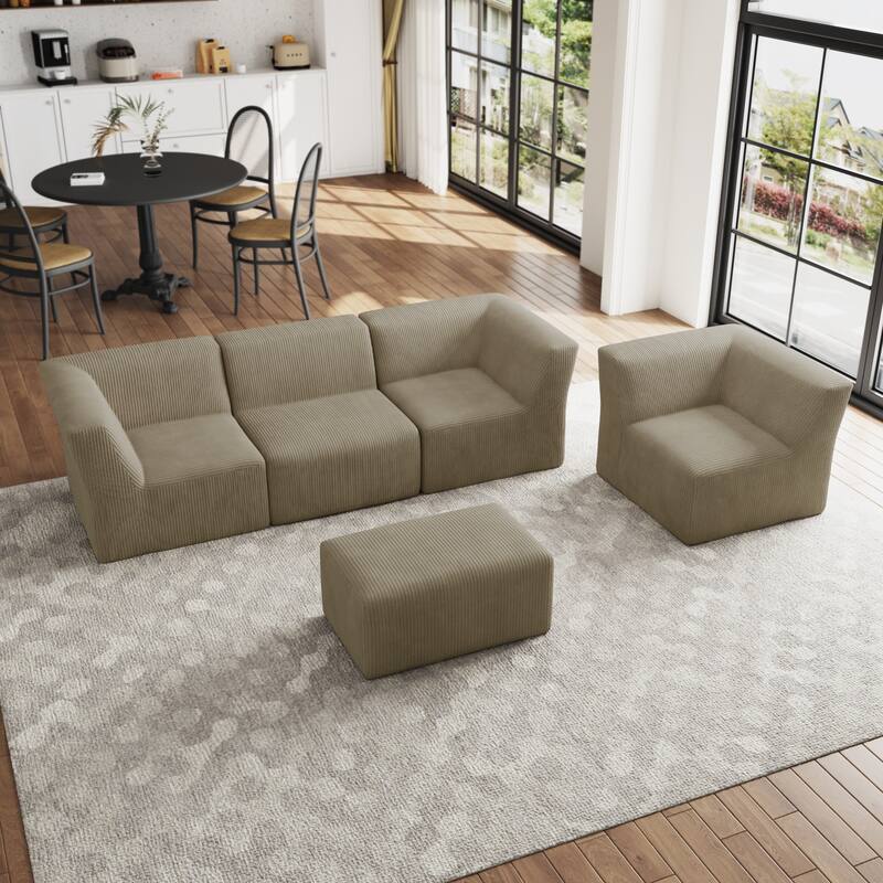 5-Pieces Modular Corduroy Sectional Sofa with Removable Ottoman