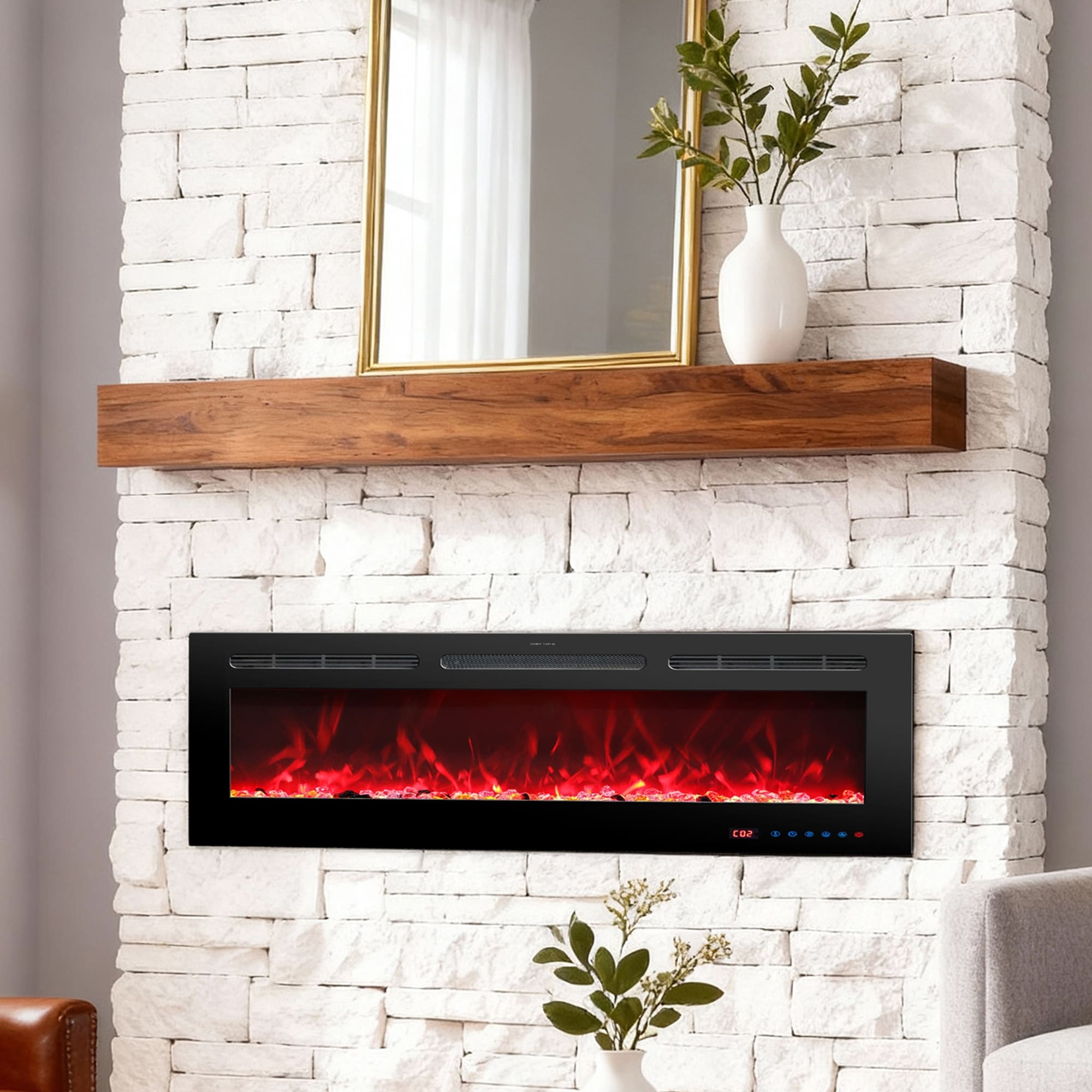 72" Modern Wall Mounted Insert Linear Electric Fireplace Heaters with Remote and Timer, 13 Adjustable Flame Color