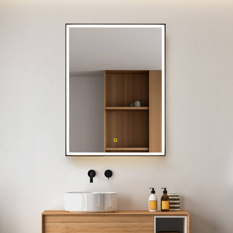 Fenice Rectangular Surface-Mount/Reccessed LED Lighted Bathroom Black Aluminum Mirror Medicine Cabinet - 24" x 32"