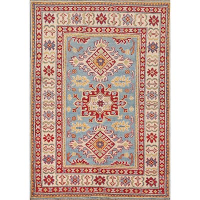Light Blue Kazak Accent Rug Hand-Knotted Geometric Wool Carpet - 3'4"x 4'11"
