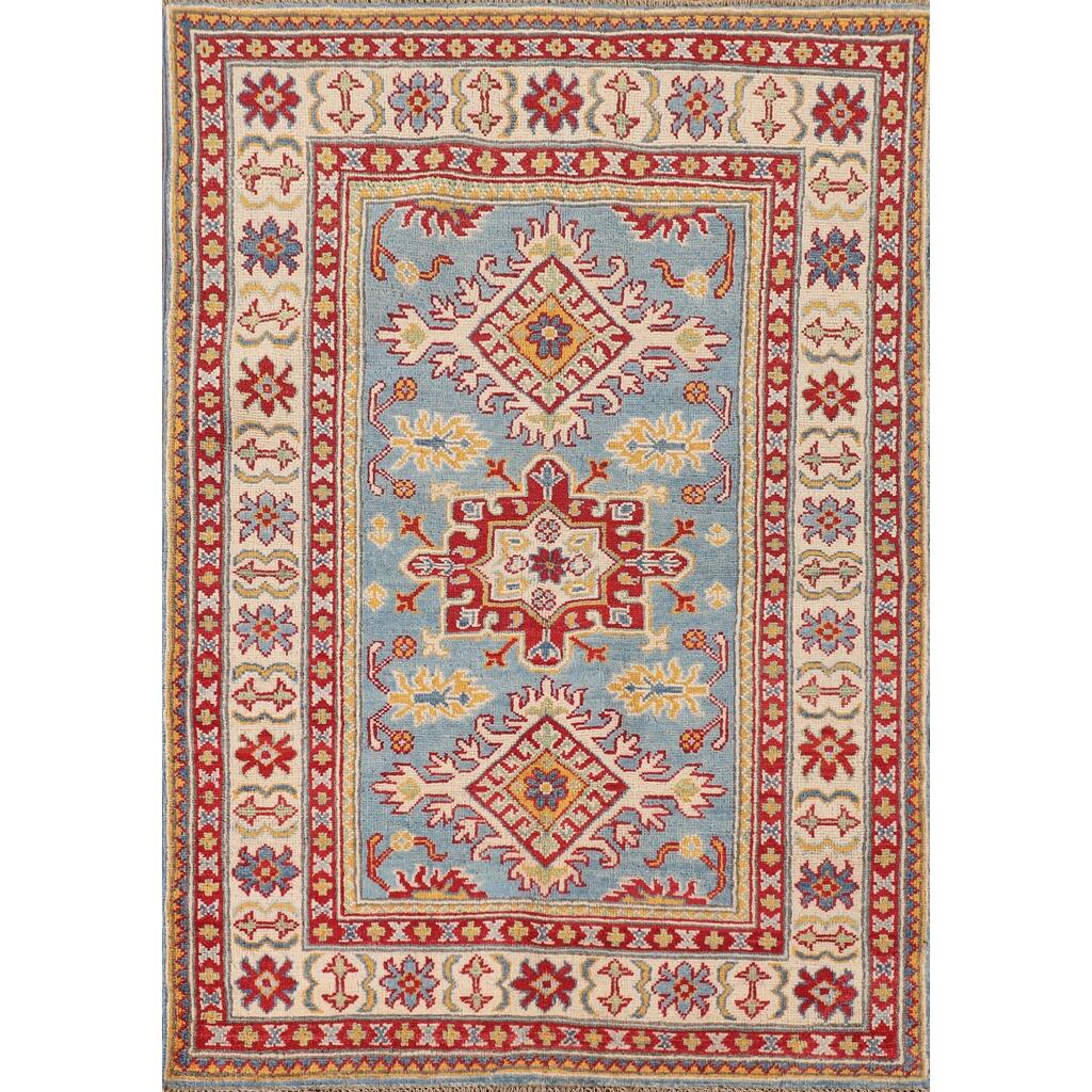 Light Blue Kazak Accent Rug Hand-Knotted Geometric Wool Carpet - 3'4"x 4'11"