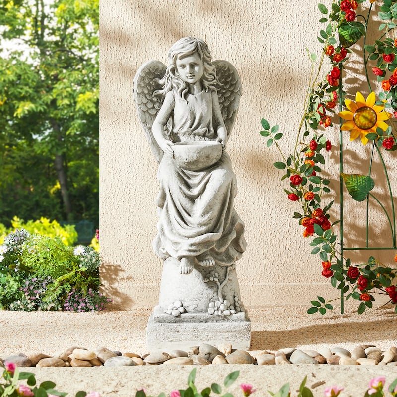 Glitzhome MGO Angel Garden Statue with a Birdbath Sleeping Angel Sculpture - Angel with Birdfeeder