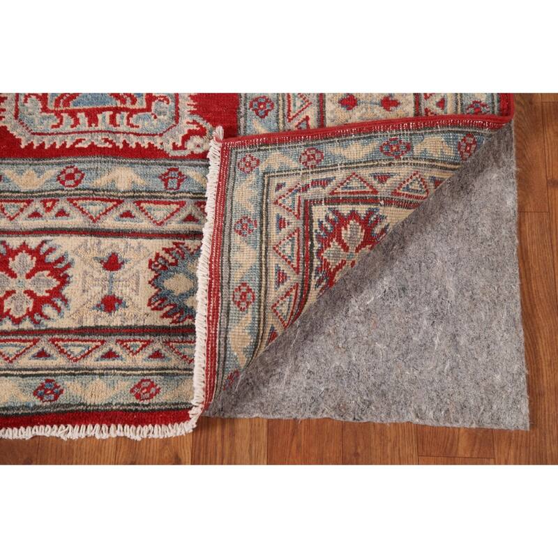 Red Geometric Kazak Living Room Area Rug Hand-Knotted Wool Carpet - 6'7" x 10'1"