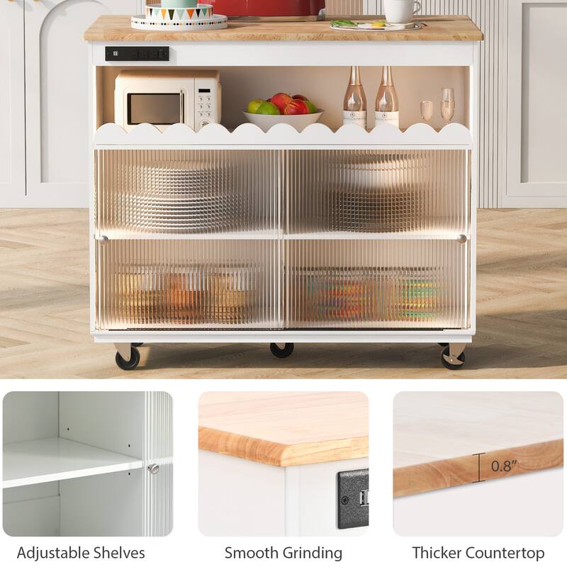 44 in. W Kitchen Island Rubberwood Drop-Leaf Countertop on 5 Wheels with Open Shelf and Wine Rack - 44''
