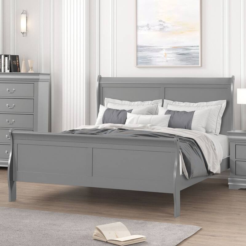 Queen Size Sleigh Bed in Gray with Wooden Bracket Feet - Gray