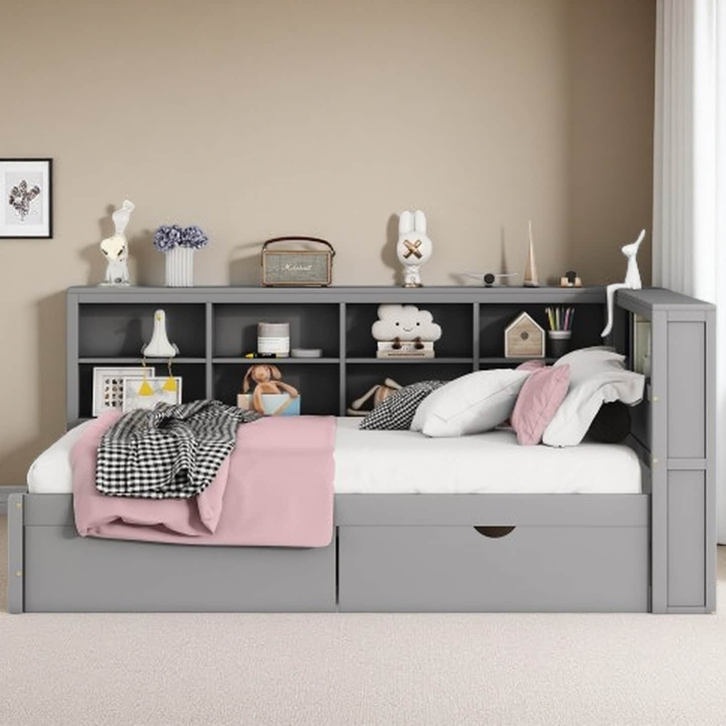 Full-Size Wooden Daybed with Storage Drawers, Dual-Layer Shelf and Built-In USB Charging Station, Solid Pine Frame