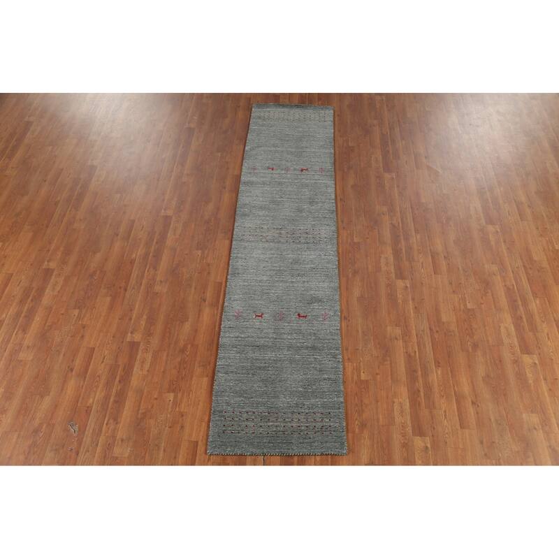 Striped Gabbeh Oriental Runner Rug Hand-Knotted Grey Wool Carpet - 2'3"x 9'7"
