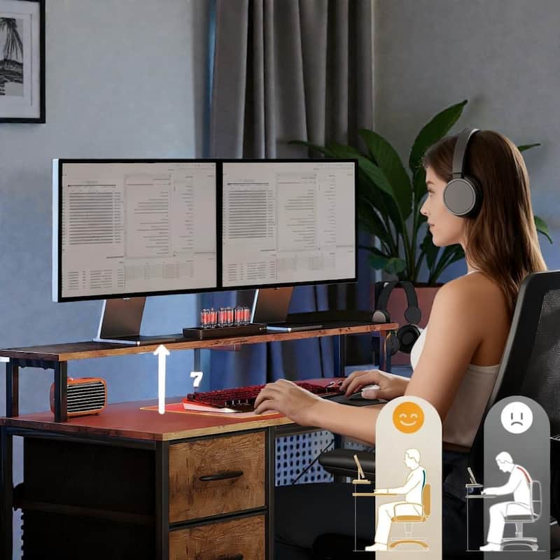 Corner Desk with File Drawer and Power Outlets, L Shaped Computer Desk with LED Lights and Storage for Home Office