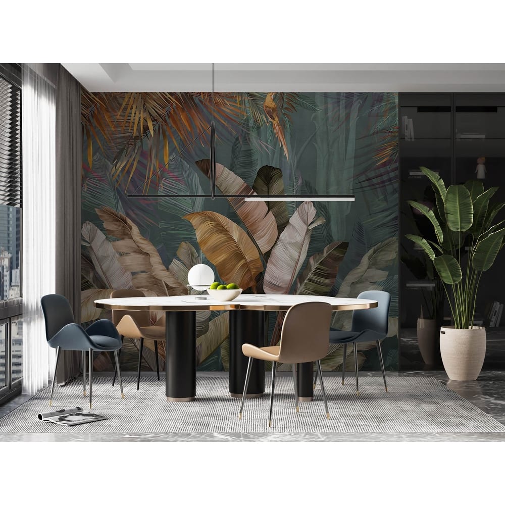 Lush Tropical Forest Mural with Vibrant Palms and Parrot