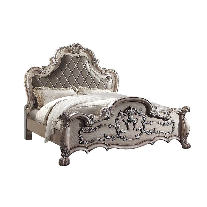 Faux Leather Eastern King Bed with Nailhead Trim in Vintage Bone White - Vintage Bone White - King