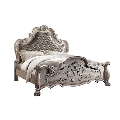 Faux Leather Eastern King Bed with Nailhead Trim in Vintage Bone White