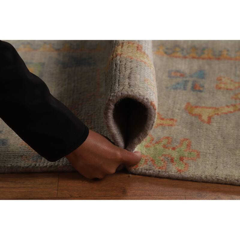 Floral Grey Oushak Indian Area Rug Hand-Knotted Wool Carpet - 7'11" x 9'10"
