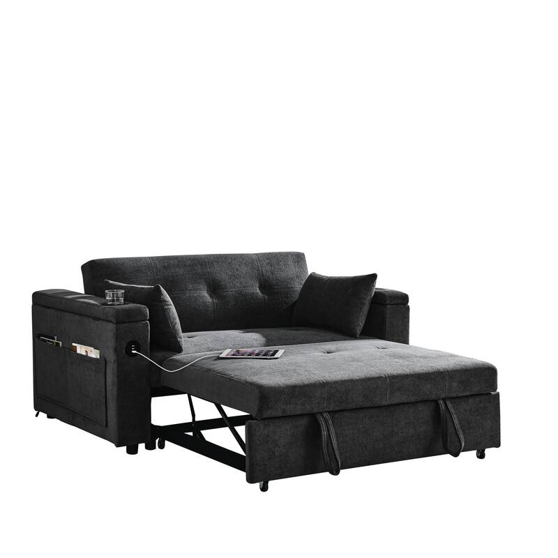 Chenille Pull-Out Sleeper Loveseat Bed Adjustable Backrest Tufted Futon Sofa with 2 Pillow and USB Ports, Pockets