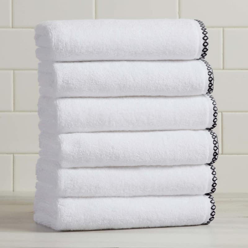 Linery & Co. Quick-Dry Cotton and Decorative Border Towel Set - Hand Towel (Pack of 6) - White / Black