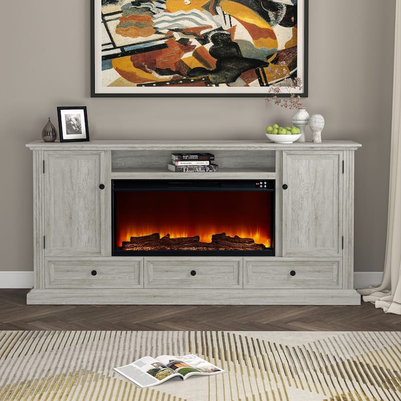 Farmhouse 72" TV Stand with Fireplace - Accommodates up to 75" TV - 73"W x 35"H x 14"D - Taupe