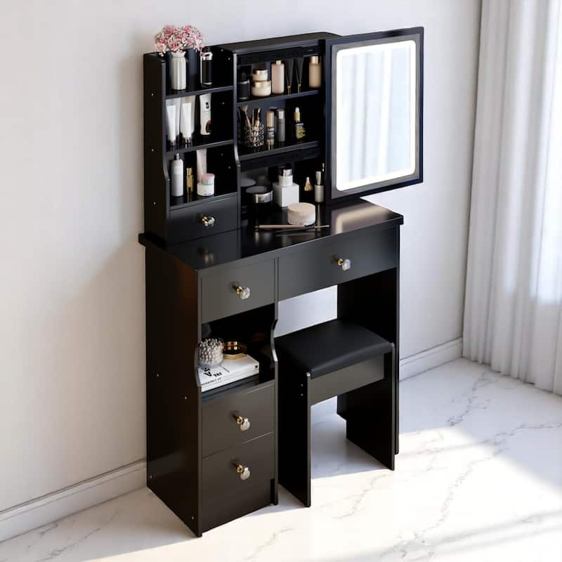KISRAIS Fashion Vanity Desk with Mirror and Lights, 3 Color Lighting Brightness Adjustable
