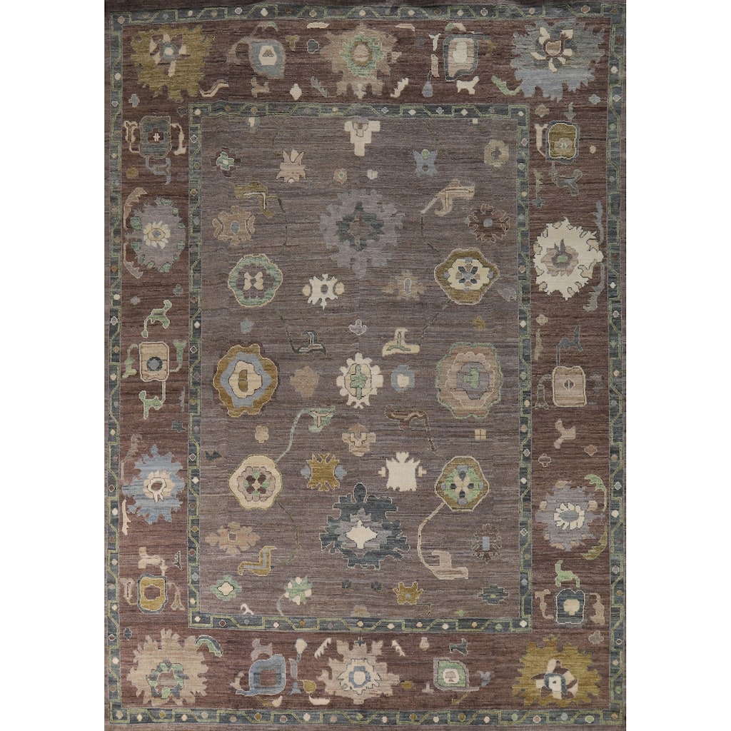 Hand Knotted Oriental 100% Wool Carpet Transitional All-Over Brown Oushak Area Rug - 11' 6'' X 9' 0''