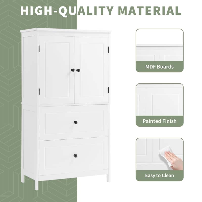 Freestanding Cabinet Floor Storage Cabinet with 2 Doors, Drawers and Adjustable Shelf for Bathroom Kitchen Office Living Room