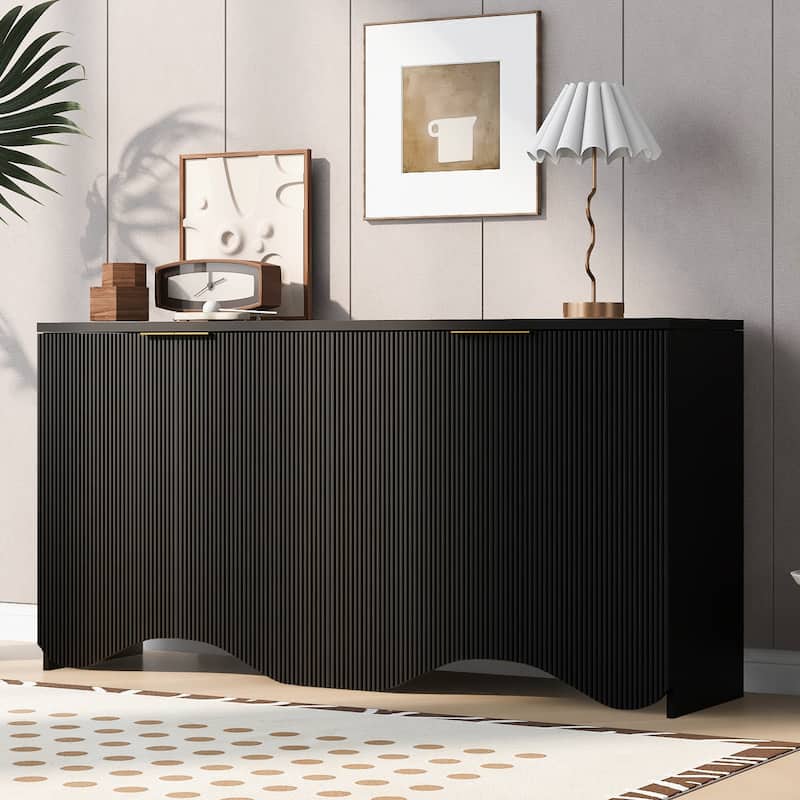 63-Inch Four-Door Storage Cabinet with Vertical Stripes and Wavy Design, Adjustable Shelves, MDF Construction, for Living Room