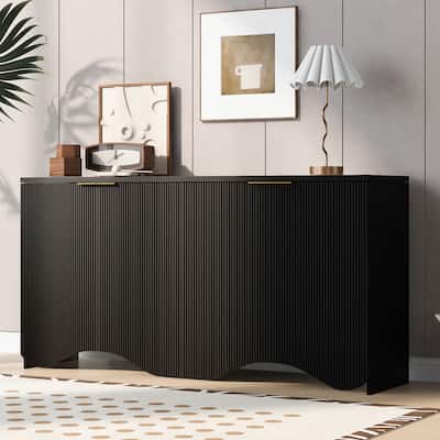 Roomfitters Four-Door Cabinet with Vertical Stripes and Wavy Design, Ideal Storage Solution for Hallway, Living Room