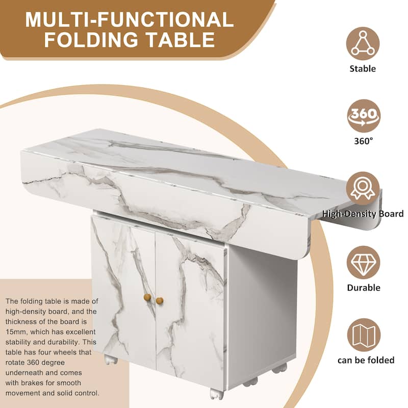 47" Wood Rolling Folding Kitchen Island with Storage Rack and Cabinet