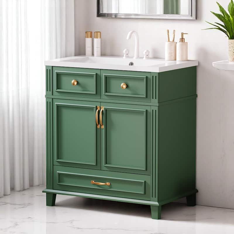 30 Inch Freestanding Bathroom Vanity with Resin Top, Solid Wood & MDF Cabinet, Vintage Design, 1 Drawer 2 Doors - Green