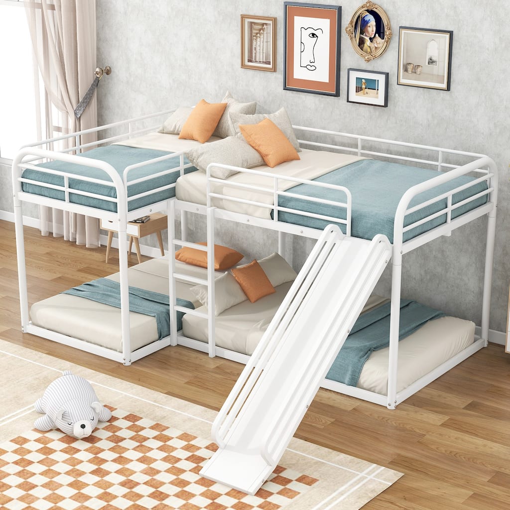 L-Shaped Bunk Bed with Slide, Full and Twin Size, White