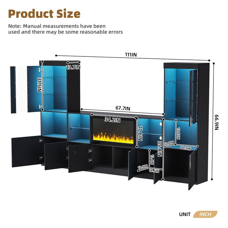 34.2" Non-Heater Electric Fireplace TV Stand - High Gloss Finish, LED Lights & Storage for TVs up to 75"