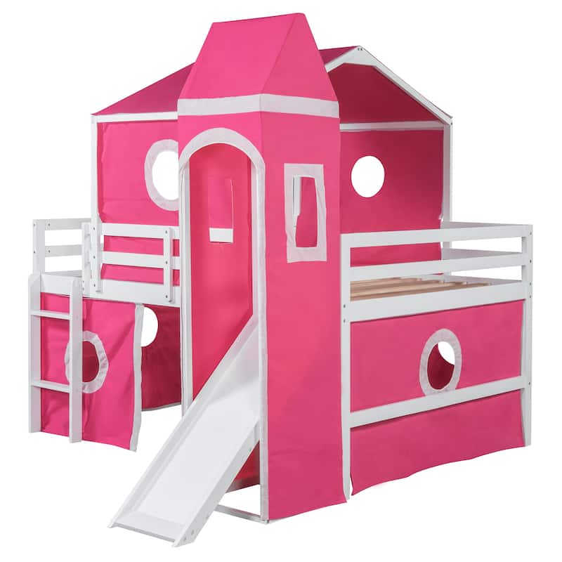 Kids Playhouse Loft Bed with Slide and Tower, Full Size Canopy Bed with Underbed Tent and Round Windows for Boys Girls