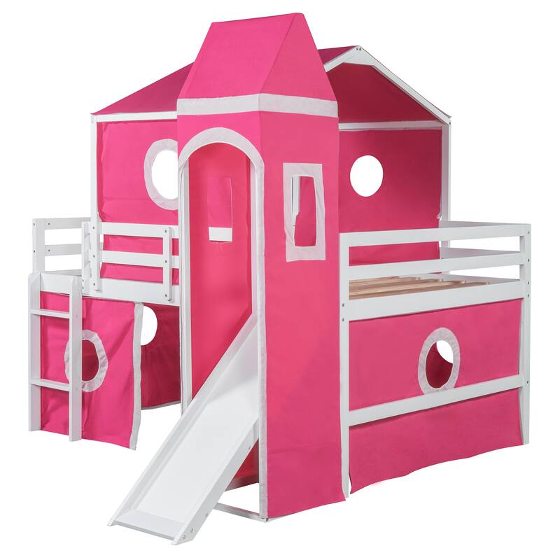 Loft Bed Castle-Shaped Kids Bed with Slide and Window, Tent and Tower, Lovely Kids Bed Playhouse Design for Your Children