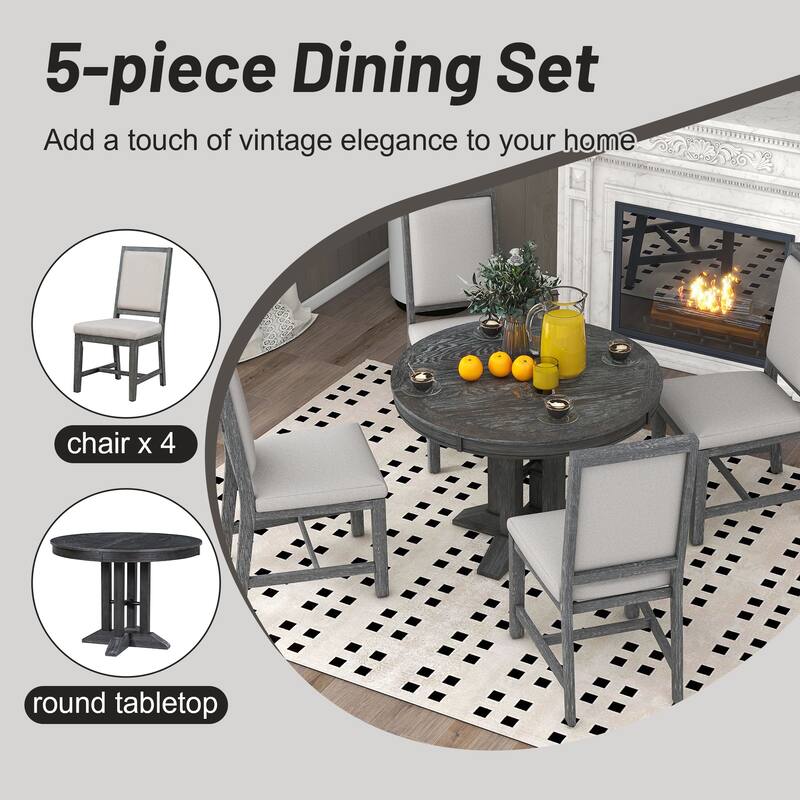 5-Piece Dining Set Extendable Round Table and 4 Upholstered Chairs