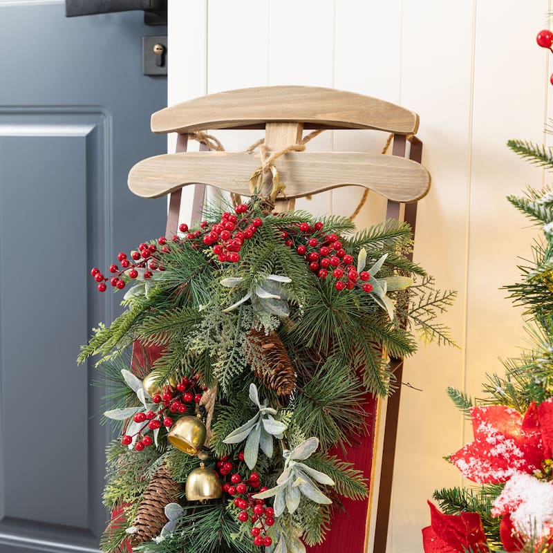 Glitzhome 34.25"H Wooden Natural Christmas Sleigh Porch Decor With Floral