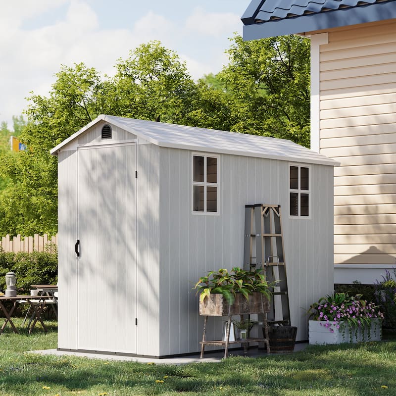 Patiowell 6'x 4' & 4'x 4' & 4'x 8' Plastic Outdoor Storage Shed, Resin Shed with Floor, White