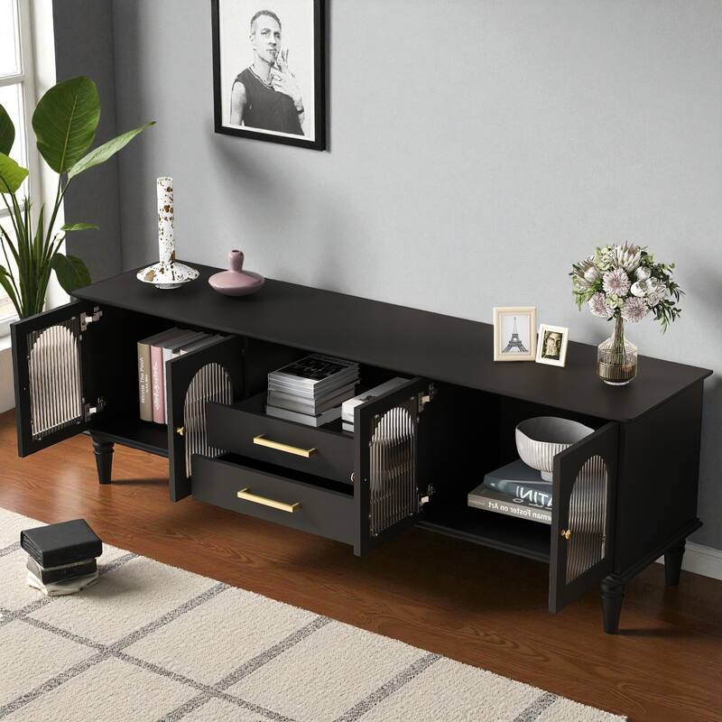 68.9'' Retro TV Stand for 75 Inch TVs, Media Console with Fluted Glass Doors, 2 Drawers & Solid Wood Legs for Living Room