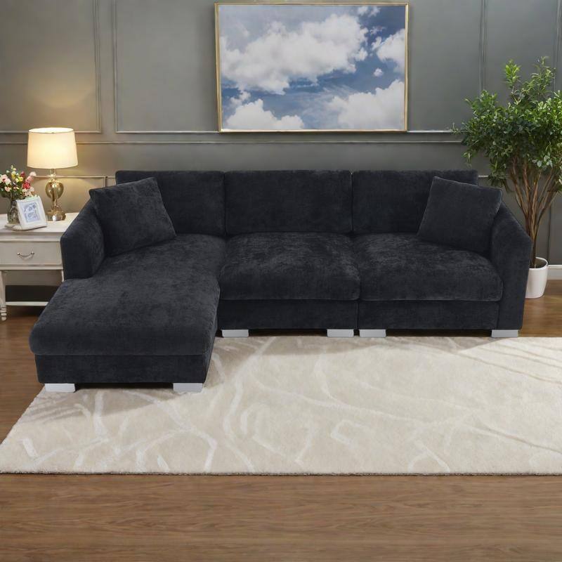 96" Chenille L-Shaped Sectional Sofa with Oversized Chaise, 4-Seater Cloud Couch and Includes 2 Pillows - Black