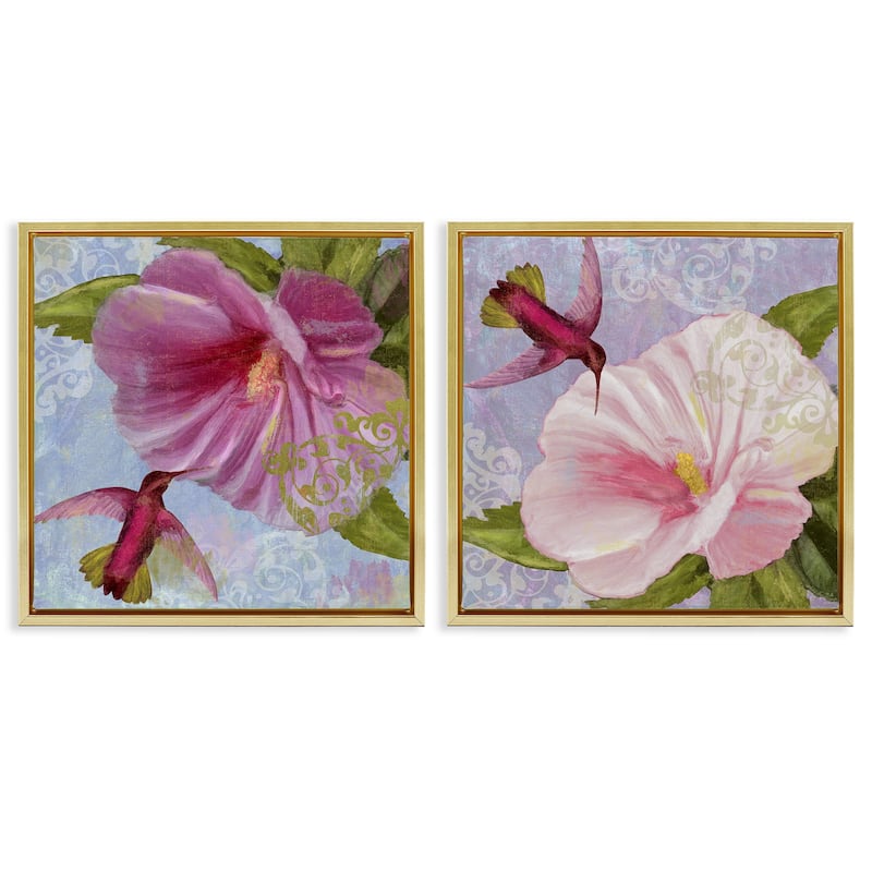 Stupell Hummingbirds & Poppy Bulbs Framed Floater Canvas Wall Art Design By Sasha (Set of 2) - 25 x 25 - Gold