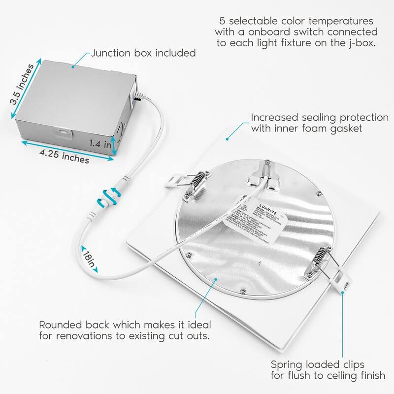 Luxrite 6" Square LED Recessed Lighting, Color Temperature Selectable 2700K / 3000K / 3500K / 4000K / 5000K, 4-Pack