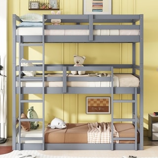 Grey Triple Rubber Wood Bunk Bed with 2 Built-in Ladders, Guardrails, Twin over Twin over Twin, Detachable Triple Twin Bed