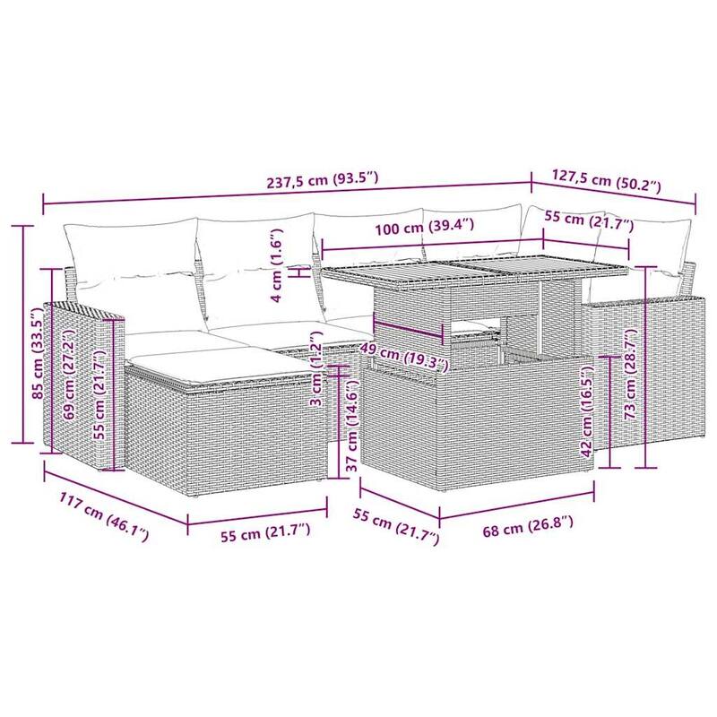 vidaXL Patio Sofa Set with Cushions Table and Footstool 7 Piece Poly Rattan - 21.7 x 39.4 x 28.7