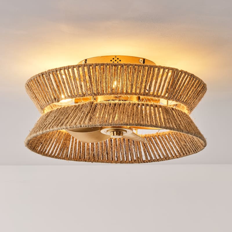 18-inch Boho Distressed Gold Chandelier Ceiling Fan with Remote and Hand Hemp Rope Shade - 17.7" W x 8.19" H