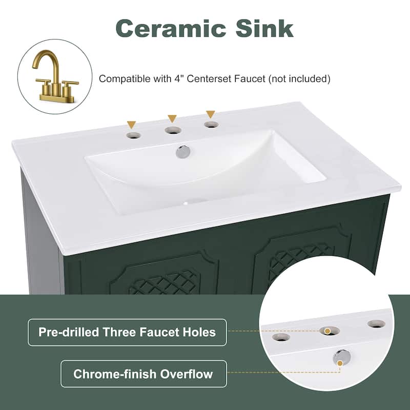 30'' Bathroom Vanity with Ceramic Sink, Solid Wood Frame, Storage Cabinet with Drawer, Door Shelf & Soft-Close Doors