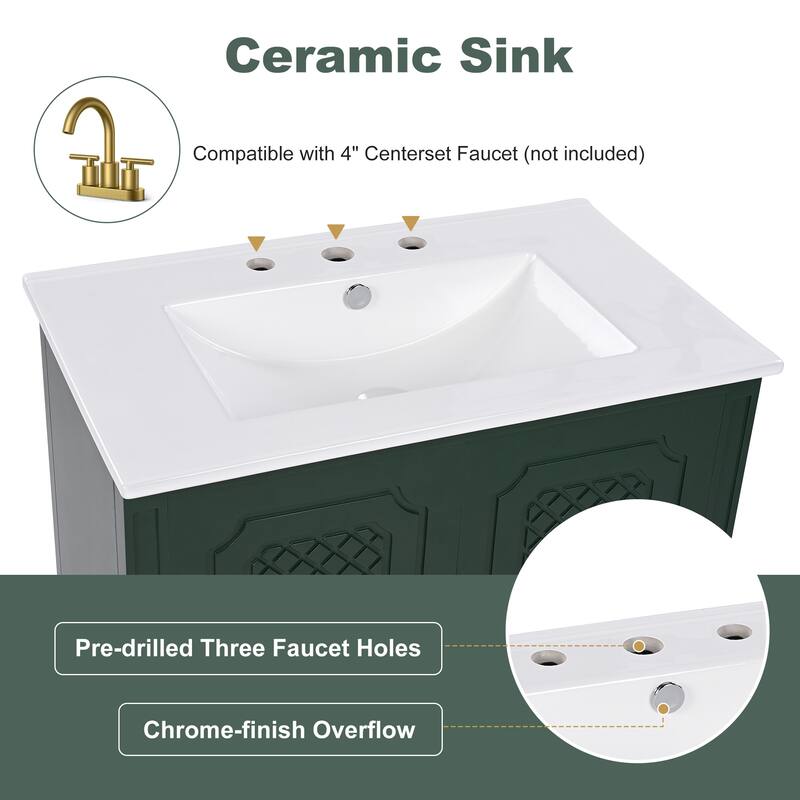 Roomfitters 30" Vintage Style Bathroom Vanity with Ceramic Sink, Customizable Storage Drawer and Soft-Close Door