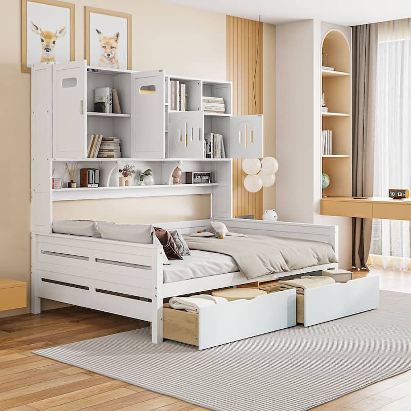 Full Size Wood Daybed with Built-In Cabinet, Bookshelf & 2 Storage Drawers, No Box Spring Needed, Space-Saving Bed Frame