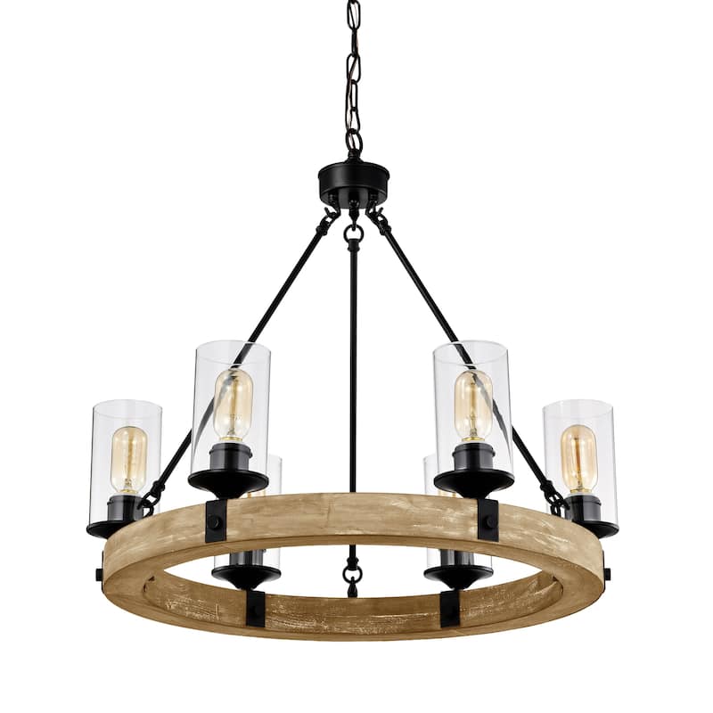 Matte Black and Vintage Wood 6-Light Wheel Chandelier with Clear Glass Shades