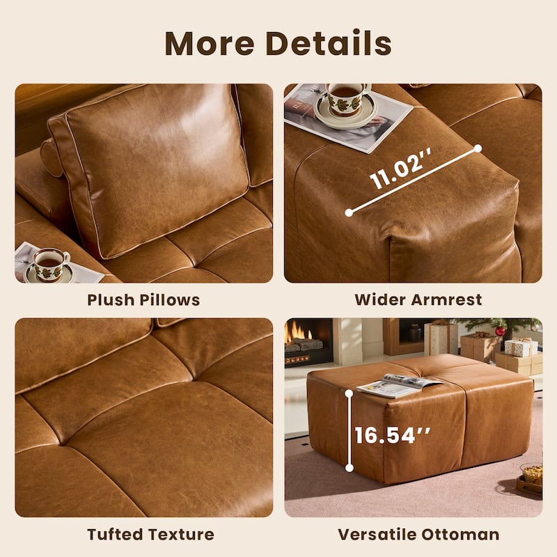 HOOOWOOO Mid-Century Modern Leather L-shaped Sectional Sofa Couch with Ottoman