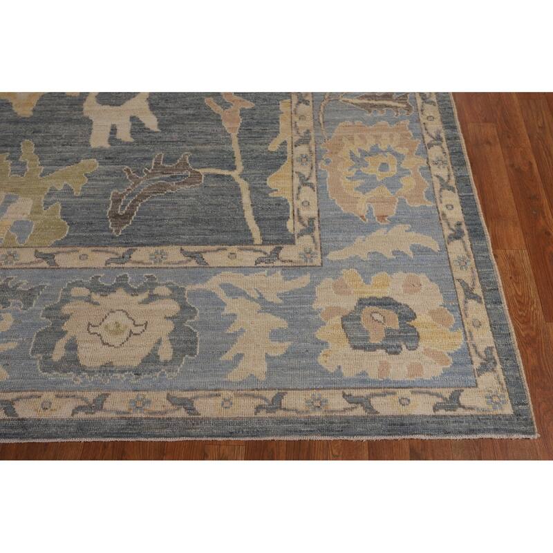 Vegetable Dye Oushak Turkish Area Rug Hand-Knotted Blue Wool Carpet - 9'2"x 11'9"