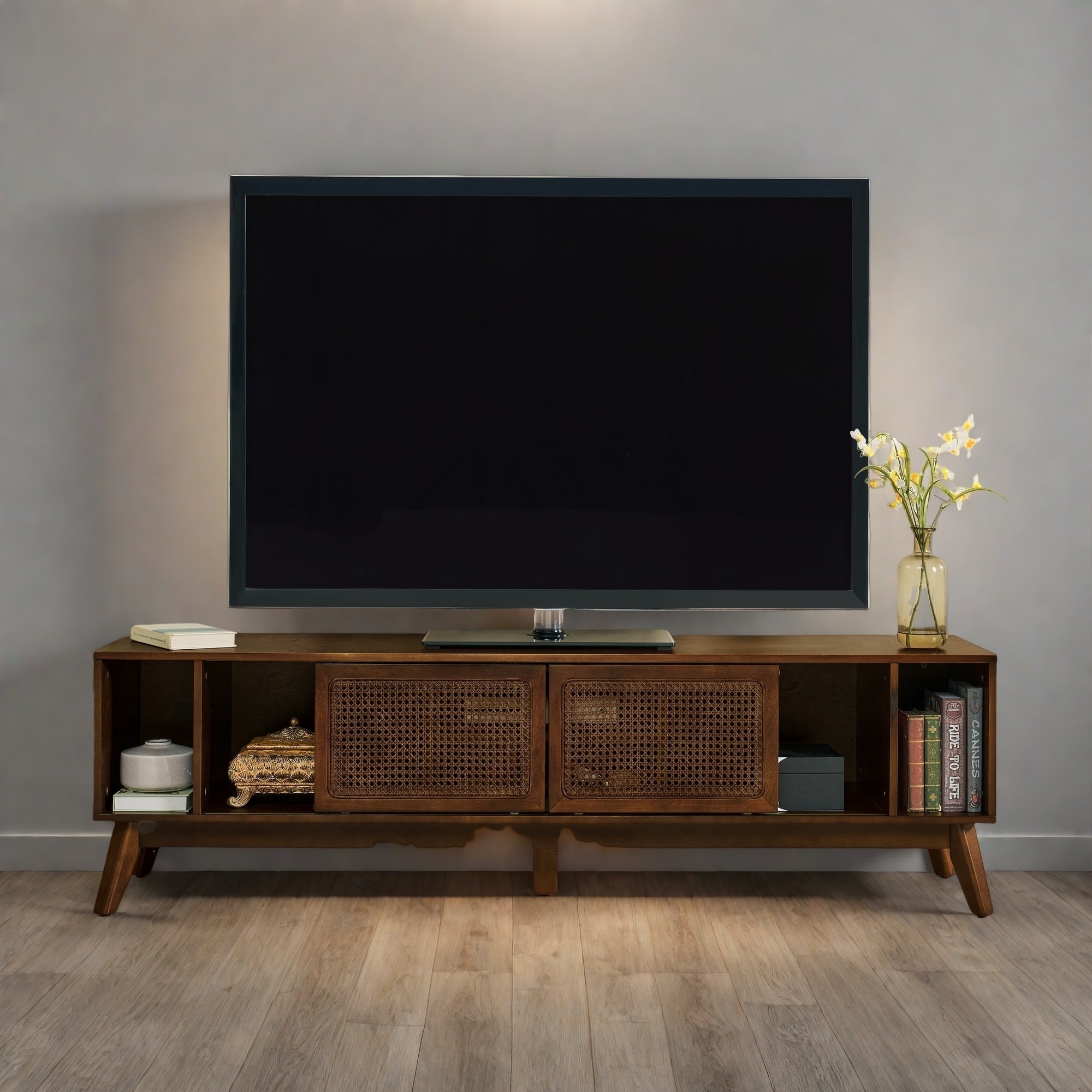 67.9" Vintage Rattan TV Cabinet for 75" TVs - Boho Modern Storage with Sliding Doors and Adjustable Feet