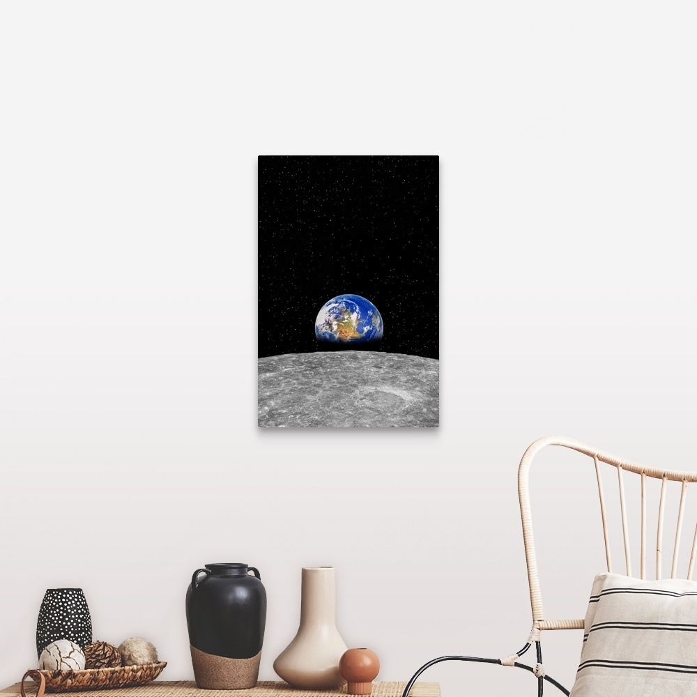 Planet Earth Rising Over Moon Canvas Wall Art Overstock 21002426
